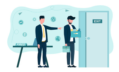 Man getting kicked out of work. Concept of unemployment. Boss fire employee who is now jobless person in financial crisis. Flat cartoon vector illustration