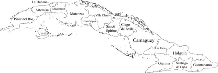 White vector map of Cuba with black borders and names of it's provinces