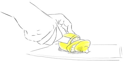 Drawing: нands close up slicing lemon slices