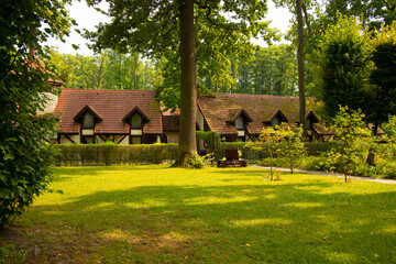 cottage apartments building in forest sunny nature environment space scenic view with vivid green meadow and high trees in clear weather day