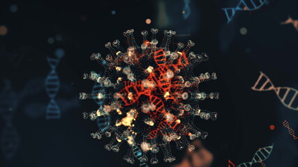 Virus coronavirus 2019-nCoV infection visualization. Pathogen cells inside infected human shown as neon green spherical microorganisms on a black background. Animated 3d rendering close up 4K video.