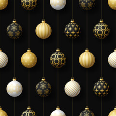 Realistic Christmas seamless pattern with gold, white and black tree ball. simple new year pattern Vector illustration