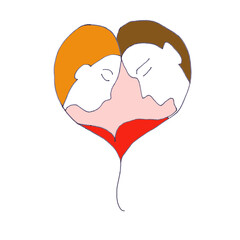 Loving couple in heart shape, graphic color drawing on white background