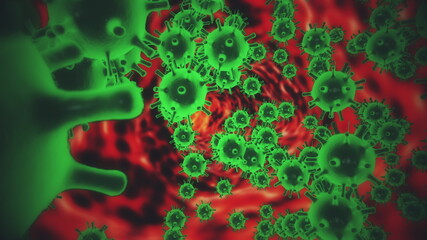 Virus cells of coronavirus 2019-nCov in blood vessel as azure color cells on black background. Animated concept of dangerous virus strain cases like coronavirus, SARS, MERS. 3d rendering 4K video.