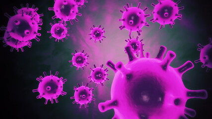 Coronavirus covid19 infectious agent. Virus of coronavirus 2019-nCov pathogen inside human body shown as purple color cells moving in black space background. 3d rendering loop animation 4K video.