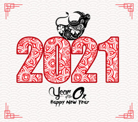 Happy chinese new year 2021 Ox Zodiac sign, with red paper cut art and craft style on color background for greeting card, flyers, poster