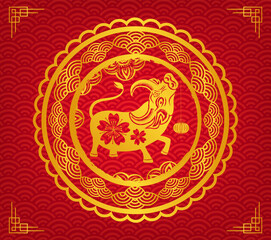 Happy chinese new year 2021 with gold head ox zodiac and text in chinese culture frame vector design