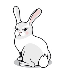 Sitting white rabbit with a small fluffy tail. The character. Vector illustration