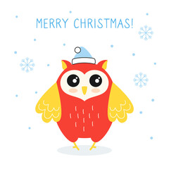 Greeting Christmas card, red owl with snow. New year bird in Santa Claus hat. Hand drawn cartoon character. Merry Christmas and happy New Year. Vector on white background