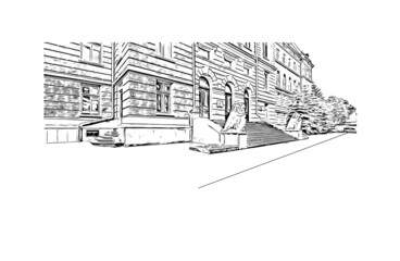 Building view with landmark of Chernivtsi is a city in western Ukraine. Hand drawn sketch illustration in vector.