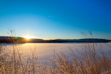 Sunset over frozen lake in Yukon territories with long grass snow and blue sky