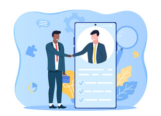 Idea of teamwork and outsourcing. Concept of a company employing another organization to do some of its work, rather than using its own employees. Flat cartoon vector illustration.