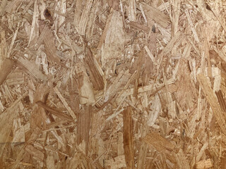 Construction board or oriented strand board (OSB) engineered wood, showing compressed layers of wood strands. Plywood