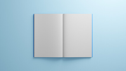 Open book with white blank sheets paper. Blue cover and blue background. 3D Illustration. Mock-up. Easy to recolor. Spread pages. Magazine