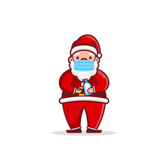 Christmas Santa Claus Cartoon Character wear mask use hand sanitizer Flat Design