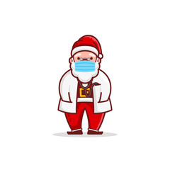 Christmas dr Santa Claus Cartoon Character wear mask white coat and stethoscope Flat Design