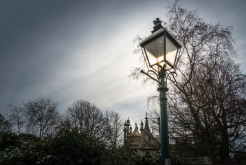 Fototapeta na wymiar Silhouette of Victorian style street light,Royal Pavillion gardens,Brighton,East sussex,England,United Kingdom.