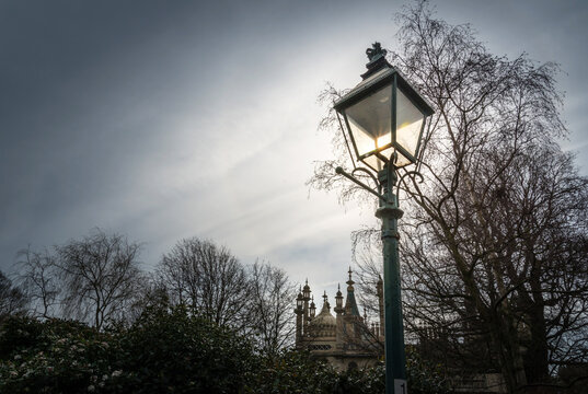 Silhouette of Victorian style street light,Royal Pavillion gardens,Brighton,East sussex,England,United Kingdom.