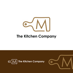 Kitchenware, Kitchen utensils business logo concept with cutting board and initial M letter template	