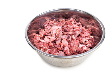 Chunks of raw beef. Barf raw meat diet preparation for dogs