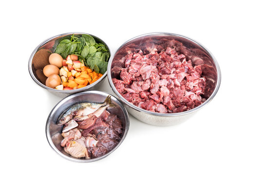Ingredients of barf raw food recipe for dogs consisting meat, organs, fish, eggs and vegetable