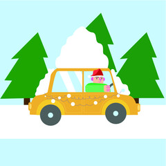 Naklejka premium Man in New years hat driving car, vector illustration