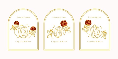 Fototapeta na wymiar Set of hand drawn feminine beauty logo with crystal, rose flower and botanical leaves vector illustration