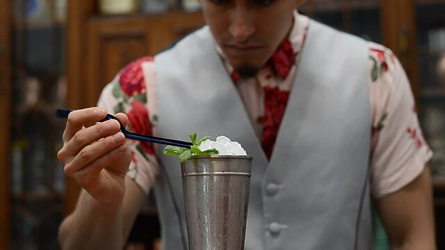 Bartender decorating mint julep cocktail in metal glass with ice