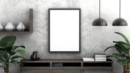 Fototapeta premium Mockup vertical frame, white blank photo in modern room, 3d rendering
