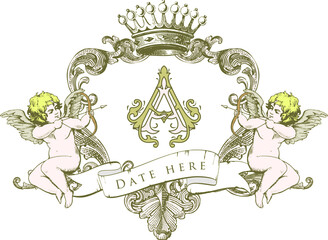 AA Classic Monogram with Baroque Ornament & Cupid for Wedding Invitation