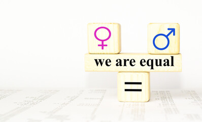 Concept of gender equality. Wooden blocks with male and female symbols on a balanced seesaw on white background.