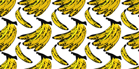 Seamless vector pattern of extra ripe bunch of bananas and single banana randomly distributed isolated on a white background. Suits for Decorative Paper, Packaging, Covers, Gift Wrap, etc.