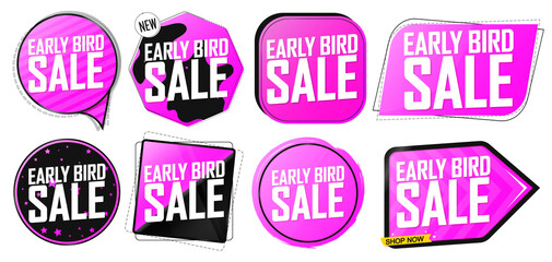 Set Early Bird Sale banners, discount tags design template, vector illustration