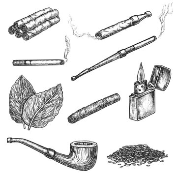 Smoking, snuff and chewing tobacco hand drawn sketch set. Engraved cigar, cigarette, cigarillo in paper roll, smoking pipe, tobacco leaf and powder vector illustration isolated on white background