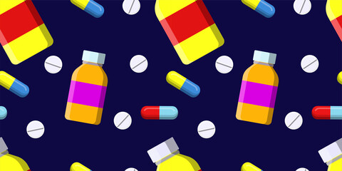 Seamless vector pattern of pill bottle, a white pills and colored capsule pills isolated on dark blue background. Natural vitamin pills. Alternative medicine. Horizontal banner. vector eps10.