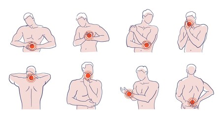 Man character suffering from pain in different body area set. Male human figure with red dot showing problem place with ache, cramp, tension or sore vector illustration isolated on white background