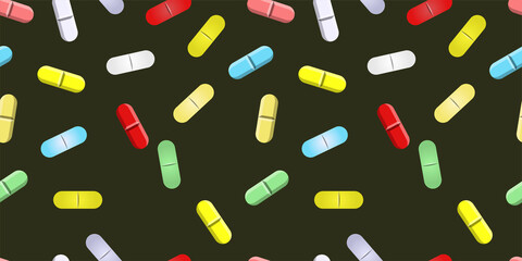 Seamless vector pattern of Colored pills isolated on dark brown background. Medicine creative concepts. illustration for pharmaceutical industry. Suits for Packaging, Covers, etc. vector eps10.