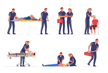 Fototapeta na wymiar Medical emergency paramedic rescue team first aid at work. Professional medic specialist staff in uniform help people with injury, provide treatment vector illustration isolated on white background