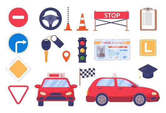 Driving car auto school accessory element and attribute set. Automobile, road sign, traffic light, driver license, traffic light, clipboard with rule vector illustration isolated on white background