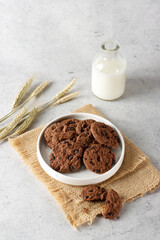 Double chocolate chip cookies with milk