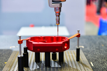 Close up automatic coordinate measurement machine (CMM) for inspection high precision part during...