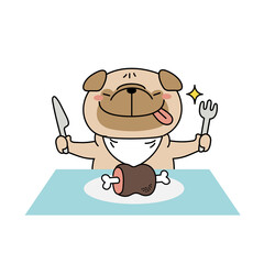 ごちそうを食べようとしているパグ犬