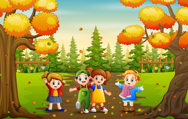 Cartoon of many kids playing in autumn park
