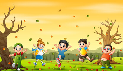 Obraz premium Cartoon Happy kids playing in autumn background