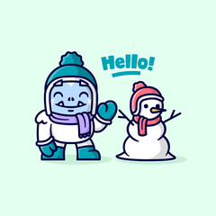 CUTE WHITE YETI MONSTER PLAYING WITH A SNOW MAN AND SAY HELLO
