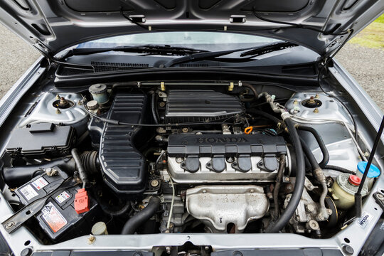 Brisbane, Queensland, Australia - February 11, 2020: Close-up View Beneath The Bonnet Of A 2001 Honda Civic 1.7L GLi Car Motor (5 Speed Manual Transmission). 