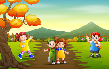 Cartoon kids playing in the park landscape