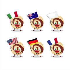 Spiral biscuit cartoon character bring the flags of various countries