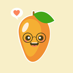 Cute and kawaii Flat Cartoon Mango Illustration. Vector illustration of cute mango with smilling expression. Cute mango mascot design