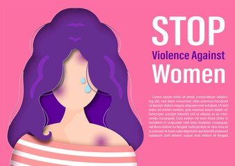 Closeup and crop woman cartoon character being abused with slogan of International day for Elimination Violence Against women, example texts on pink white background.